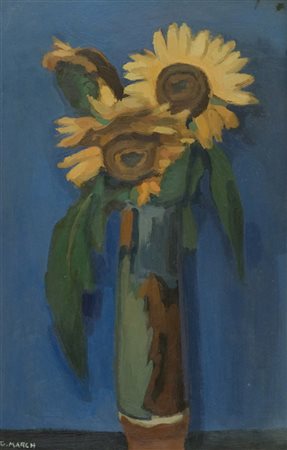 Giovanni March Vaso con girasoli, 1962 Olio su cartone, cm. 68x44,5 Firmato...