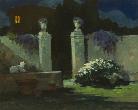 Renato Natali Giardino notturno con gatto, 1940 c.a. Olio su faesite, cm....