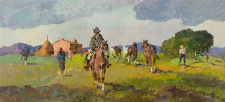 Carlo Domenici Vecchia maremma Olio su faesite, cm. 42,5x90 Firmato in basso...