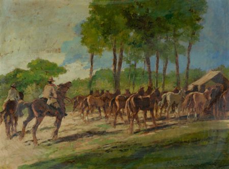 Carlo Domenici Butteri con mandria di cavalli Olio su tavola, cm. 60x80...