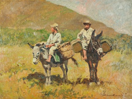 Carlo Domenici Ciuchi e contadini Olio su tavola, cm. 60x80 Firmato in basso...