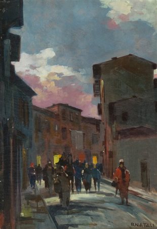 Renato Natali Strada con figure Olio su tavola, cm. 51x36 Firmato in basso a...