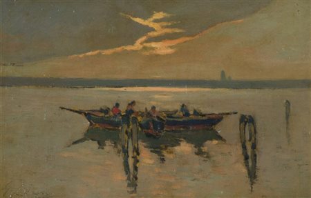 Giovanni Lomi Pescatori Olio su tavola, cm. 19,5x30 Firmato in basso a sinistra.
