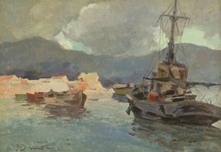 Carlo Domenici Rimorchiatore Olio su faesite, cm. 35x50 Firmato in basso a...