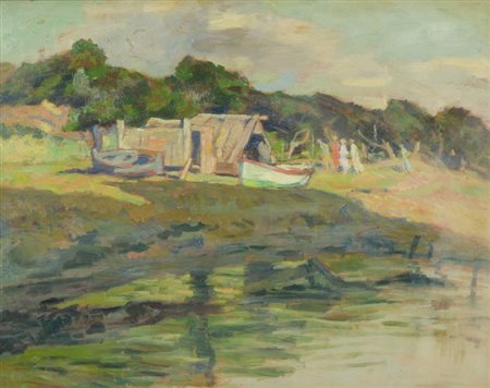 Carlo Domenici Barche in secco a Quercianella, 1930 c.a. Olio su tavola, cm....
