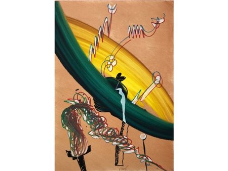 DANGELO SERGIO Milano (MI) 1932 Il giorno felice di maiastra Tempera su tela...