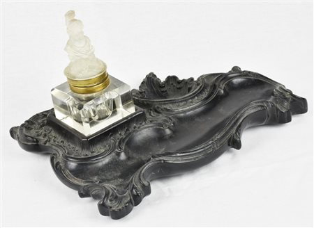 CALAMAIO IN GOMMALACCA nera con porta inchiostro in vetro con coperchio in...