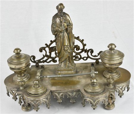 IMPORTANTE CALAMAIO IN BRONZO argentato raffigurante San Giuseppe con base...