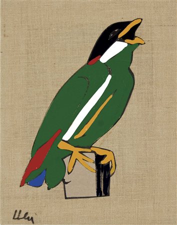 LODOLA MARCO Dorno (Pv) 1955 Uccello smalti e collage su tela grezza 50x40 cm...
