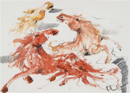 MERELLI ROBERTO Venezia 1936 Cavalli tecnica mista su carta 50x70 cm firma in...