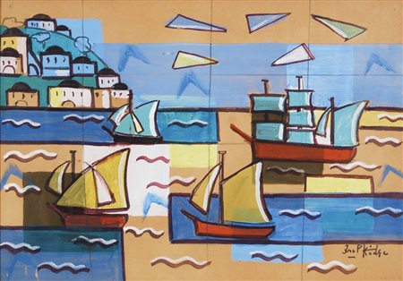 KODRA IBRAHIM Tirana (Albania) 1918 - Milano 2006 Barche tempera su carta...