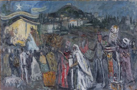 DALLA ZORZA CARLO Venezia 1896 - 1977 Il presepio ad Asolo 1964 olio su...