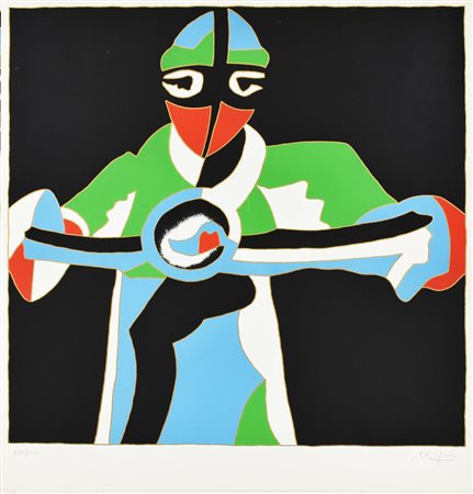 Ugo Nespolo IL MOTOCICLISTA serigrafia su carta, cm 54x50; es. 697/1000 firma