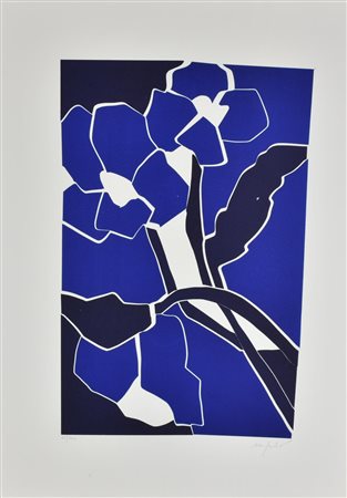 Ugo Nespolo FIORI BLU incisione su carta, battuta cm 51x32,5, su foglio cm...