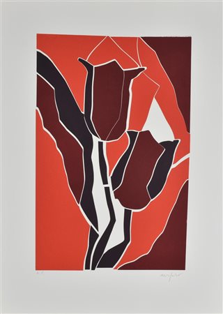 Ugo Nespolo TULIPANI incisione su carta, battuta cm 51x33, su foglio cm...