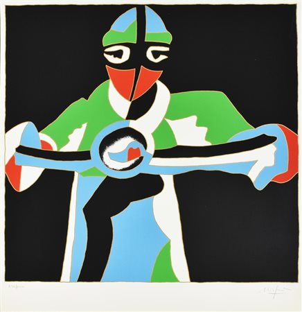 Ugo Nespolo IL MOTOCICLISTA serigrafia su carta, cm 54x50; es. 694/1000 firma
