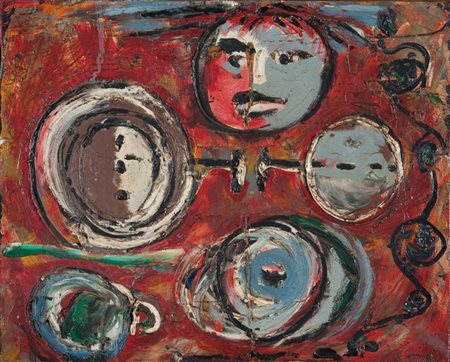 Enrico Baj (Milano 1924 ‑ Vergiate 2003) “Personaggi solari” 1955 olio su...