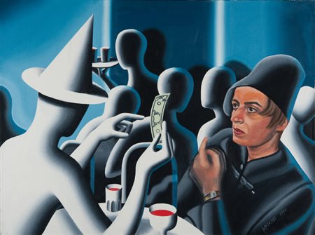 Mark Kostabi (Los Angeles 1960) “Not on the money” (For Mykul) 1990 olio su...