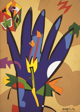 Ugo Nespolo (Mosso Santa Maria 1941) “La mano blu” acrilico su legno (cm...