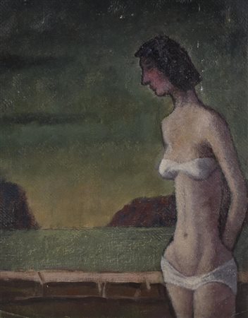 Enrico Allimandi DONNA AL MARE olio su cartone telato, cm 45x35 eseguito nel...