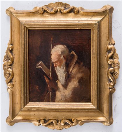 Maestro del XIX secolo “Anziano che legge”. Olio su tavola. Cm 15x13,5.