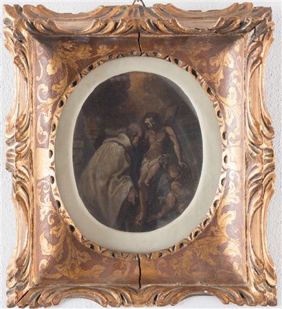 Maestro del XVIII secolo "Cristo con santo". Olio su tavola. Cm 17x13,5.