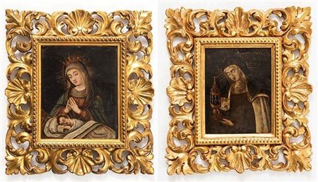 Maestro del XVII secolo. Coppia di oli su rame, raffiguranti una Madonna con...