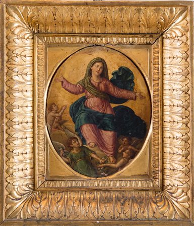 Maestro del XVII secolo. “Madonna in gloria con angeli". Olio su tavola...