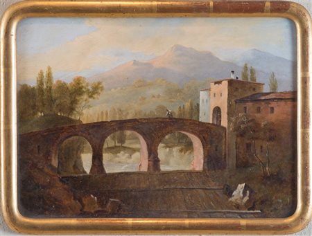 Maestro del XIX secolo. “Paesaggio” Olio su metallo. Cm 28x38,5.