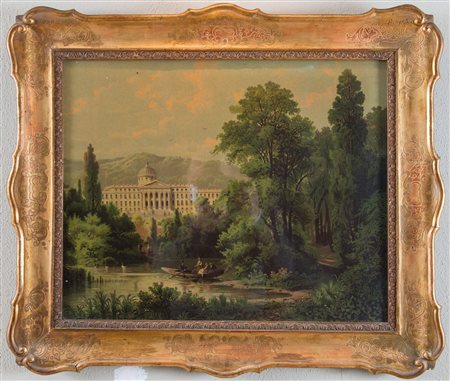 Maestro del XIX secolo. "Paesaggio". Olio su tela. Cm 45x55,5. Dipinto entro...