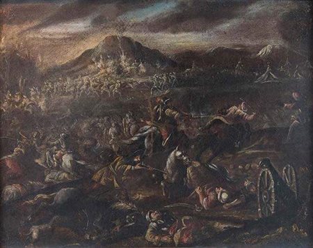 Maestro del XVII secolo "Scena di battaglia". Olio su tela. Cm 53x67,5.