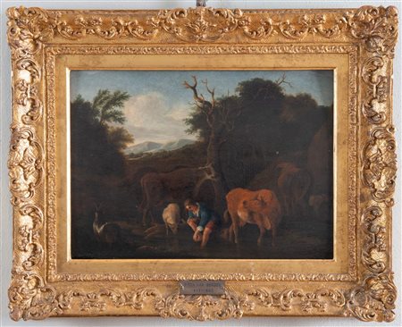 Maestro del XVIII secolo. “Paesaggio”. Olio su tela. Cm 35x49.