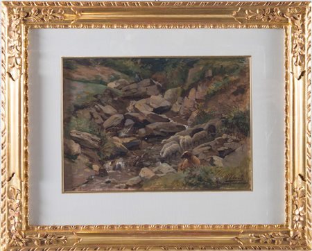 GIUSEPPE TIVOLI (Trieste 1854 - Bologna 1925) "Ovini al pastolo". Olio su...