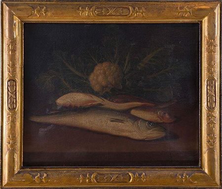 Nicola Levoli (Rimini 1728 - 1801) "Natura morta con pesci e cavolo". Olio su...