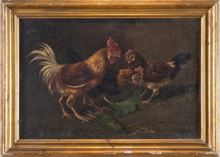 ANTONIO MILONE (Napoli 1834 - 1919) "Galli". Olio su tela. Cm 27x40. Opera...