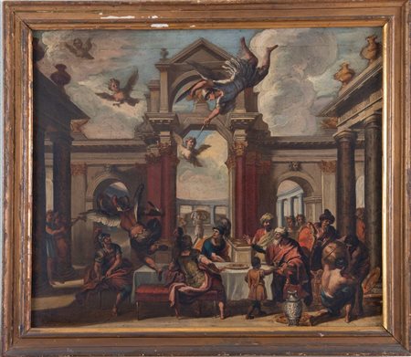 Maestro veneto del XVIII secolo. “Banchetto”. Olio su tela. Cm 63,5x76,5. Al...