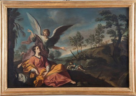 Maestro emiliano del XVIII secolo. "Agar e l’Angelo”. Olio su tela. Cm 74x113.