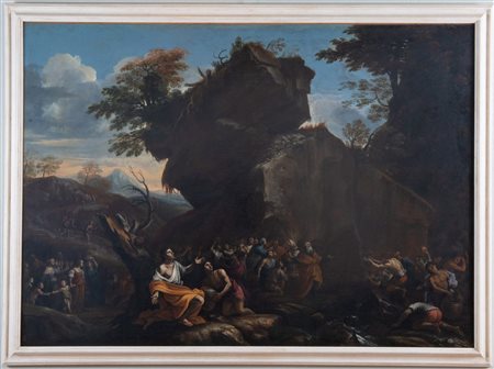 Maestro romano del XVII secolo “Mosè che sta facendo scaturire l'acqua”. Olio...