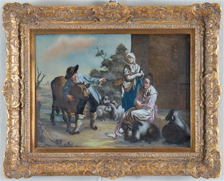 Ambito di Francesco Londonio, XVIII secolo. “Scena campestre”. Olio su vetro....