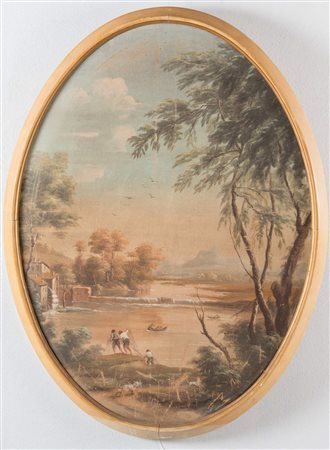 Pittore anonimo del XX secolo. “Veduta”. Tempera su tela, in stile del XVIII...