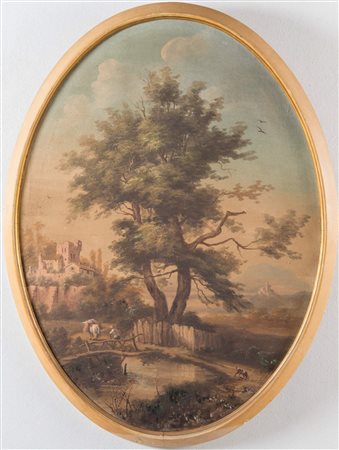 Pittore anonimo del XX secolo. “Veduta”. Tempera su tela, in stile del XVIII...