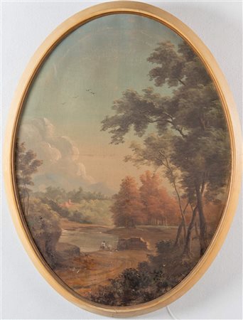 Pittore anonimo del XX secolo. “Veduta”. Tempera su tela, in stile del XVIII...