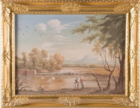 Pittore anonimo del XX secolo. “Veduta”. Tempera su tela, in stile del XVIII...