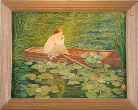 JEANNE PELOSSIER COUTAGNE, XIX-XX secolo. "Fanciulla tra le ninfee". Olio su...