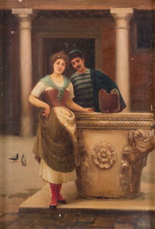 LUIGI PASTEGA (Venezia 1858 - 1927), attr. "Innamorati al pozzo". Olio su...