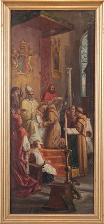 Maestro del XIX secolo. "Santo e papa". Olio su tela reintelata. Cm 60,5x25.