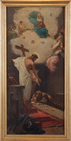 Maestro del XIX secolo. "Santo pregante". Olio su tela reintelata. Cm 60,5x27,5.