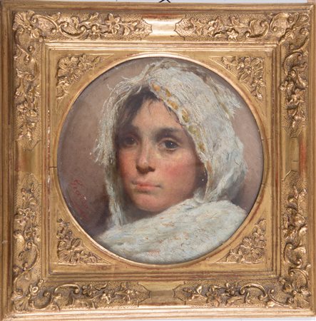 Maestro del XIX/XX secolo. “Ritratto di fanciulla”. Olio su tavola. Diametro...