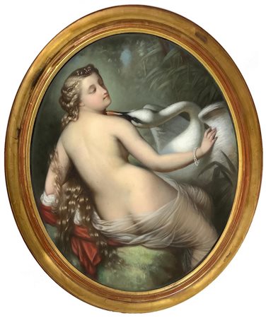 Pastello ovale su cartoncino raffigurante Leda e il cigno, XIX secolo. Cm...