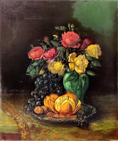 Dipinto ad olio su tela raffigurante natura morta di fiori e frutta, fine XIX...